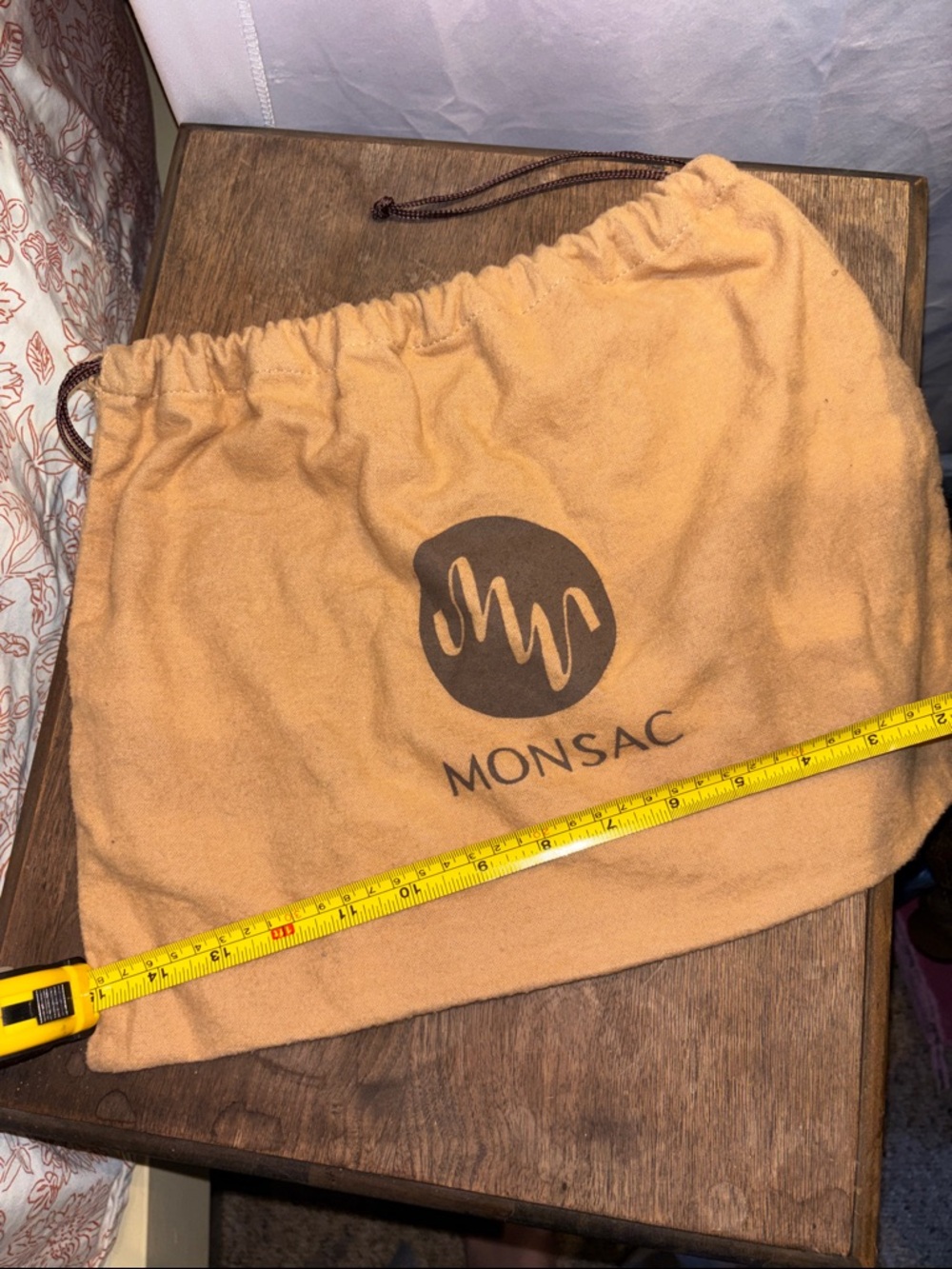 Monsac Tan Drawstring Dust Cover Pouch with Brown Logo